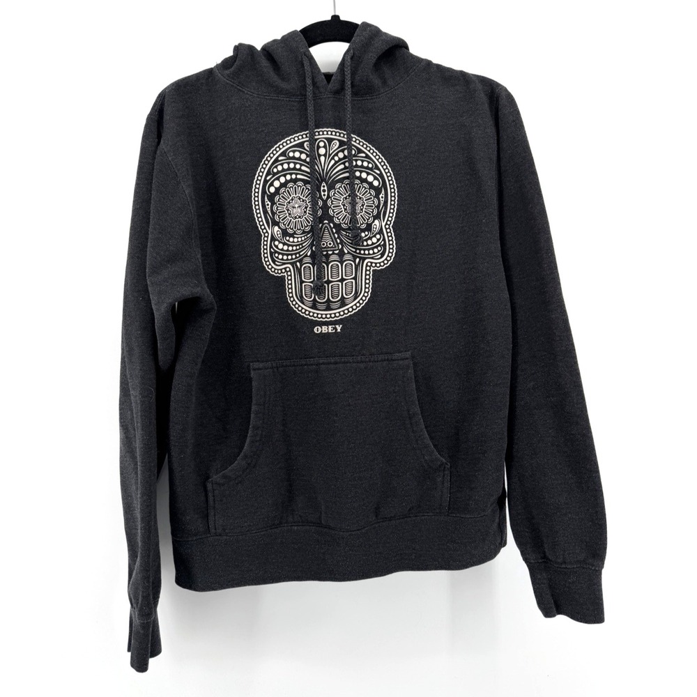 Obey Sweatshirt Dark Gray Skate Skull Tribal Logo Hoodie Y2K Goth Skater Men M